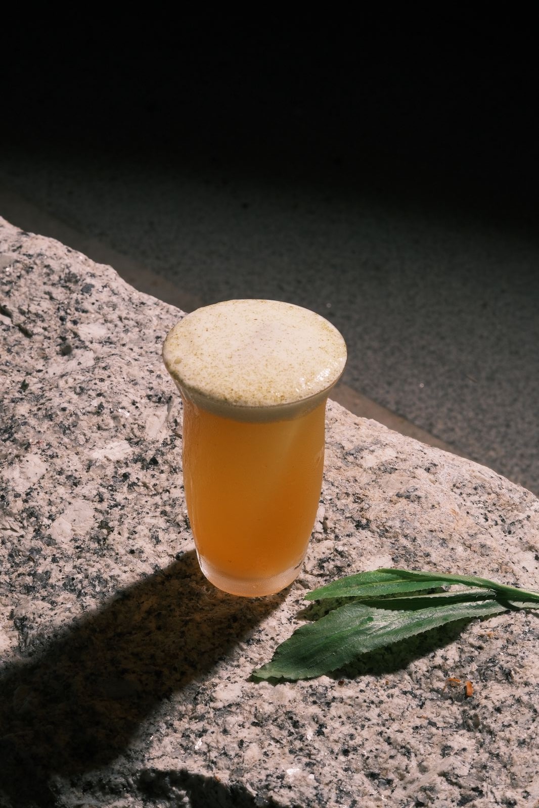 A cocktail with a foam top, garnished with a fresh leaf, at Rembar